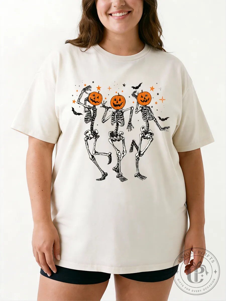 Halloween Graphic Tee Vintage Dancing Skeletons Pumpkin Head Stars Bats T-Shirt