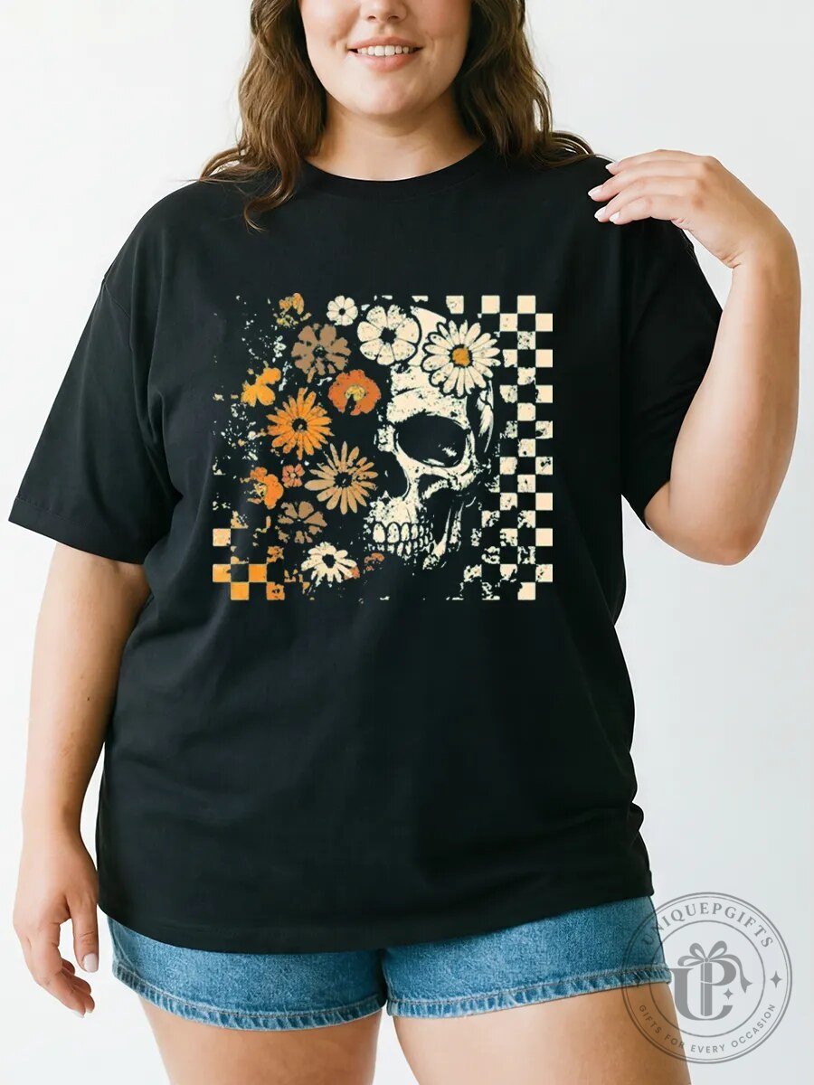 Halloween Graphic Tee Vintage Boho Skull Daisy Checkered Pattern T-Shirt