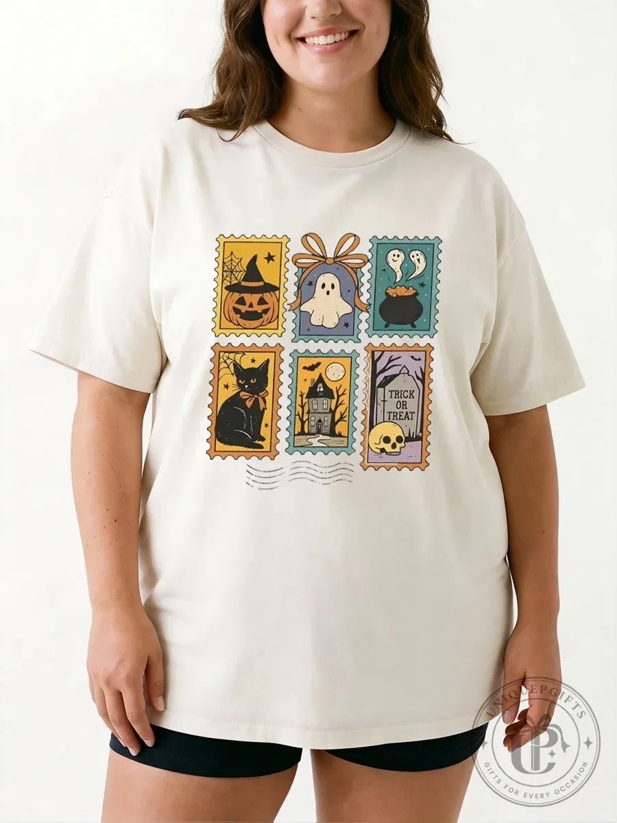Halloween Graphic Tee Vintage Cute Ghost Pumpkin Cat Oversized T-Shirt