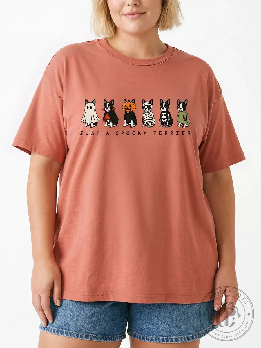 Halloween Graphic Tee with Spooky Boston Terrier Dogs Costume Design