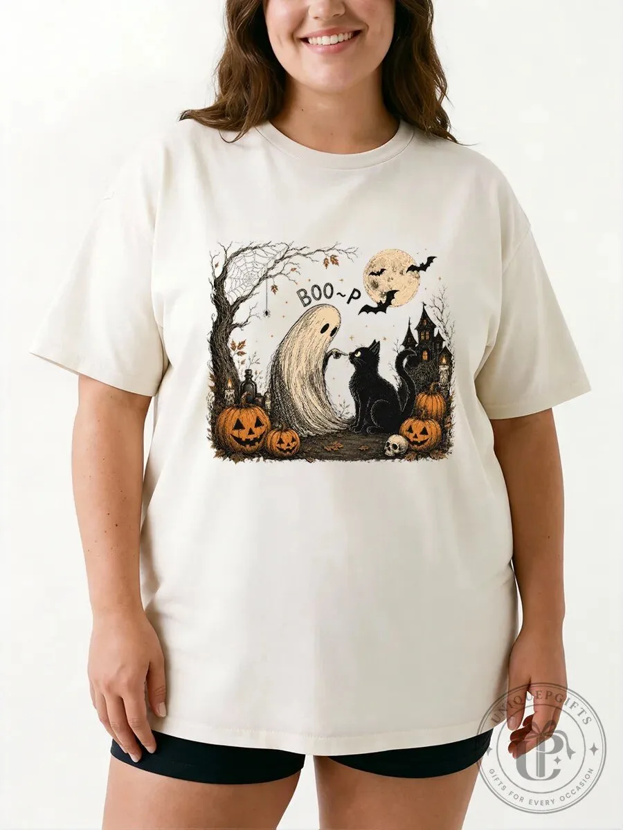 Halloween Graphic Tee with Ghost Cat and Pumpkins, Spooky Full Moon T-Shirt