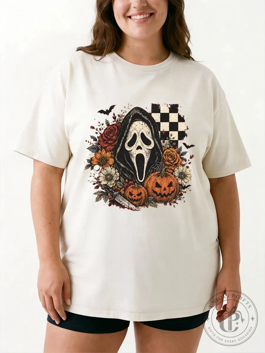 Halloween Graphic Tee Scream Ghost Face Mask Floral Pumpkin Vintage T-Shirt