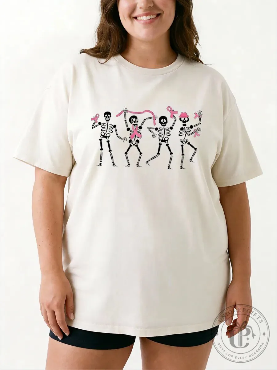 Dancing Skeletons Pink Ribbon Breast Cancer Awareness Graphic T-Shirt