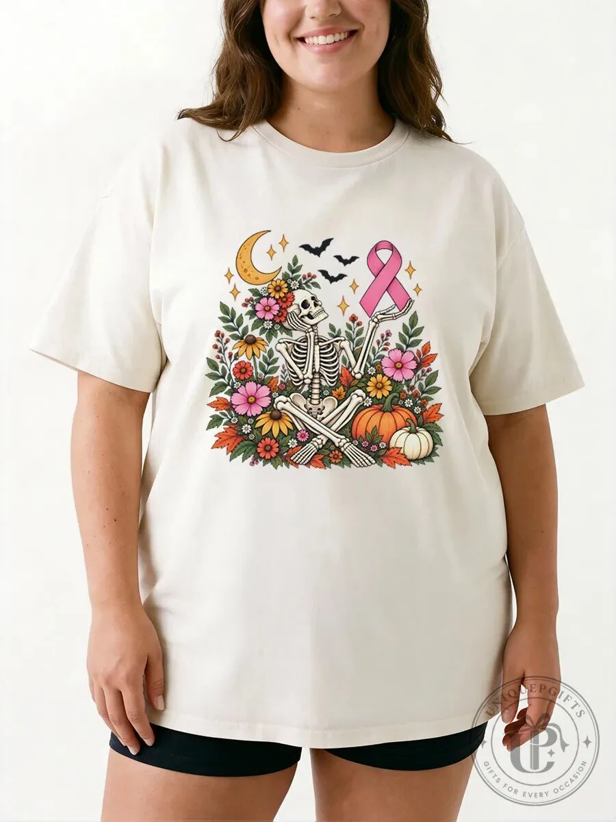 Breast Cancer Awareness Skeleton Floral Autumn Graphic T-Shirt