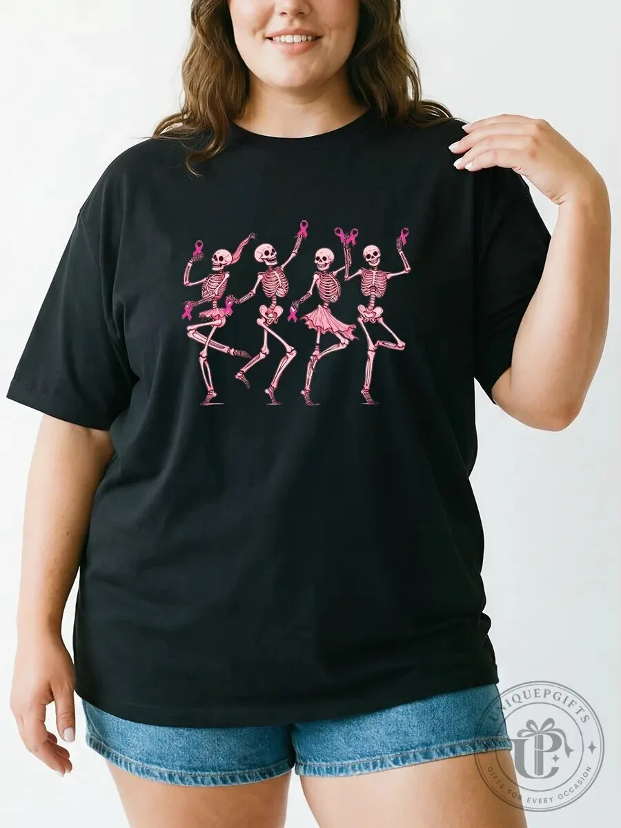 Breast Cancer Awareness Dancing Skeletons Pink Ribbon Graphic T-Shirt