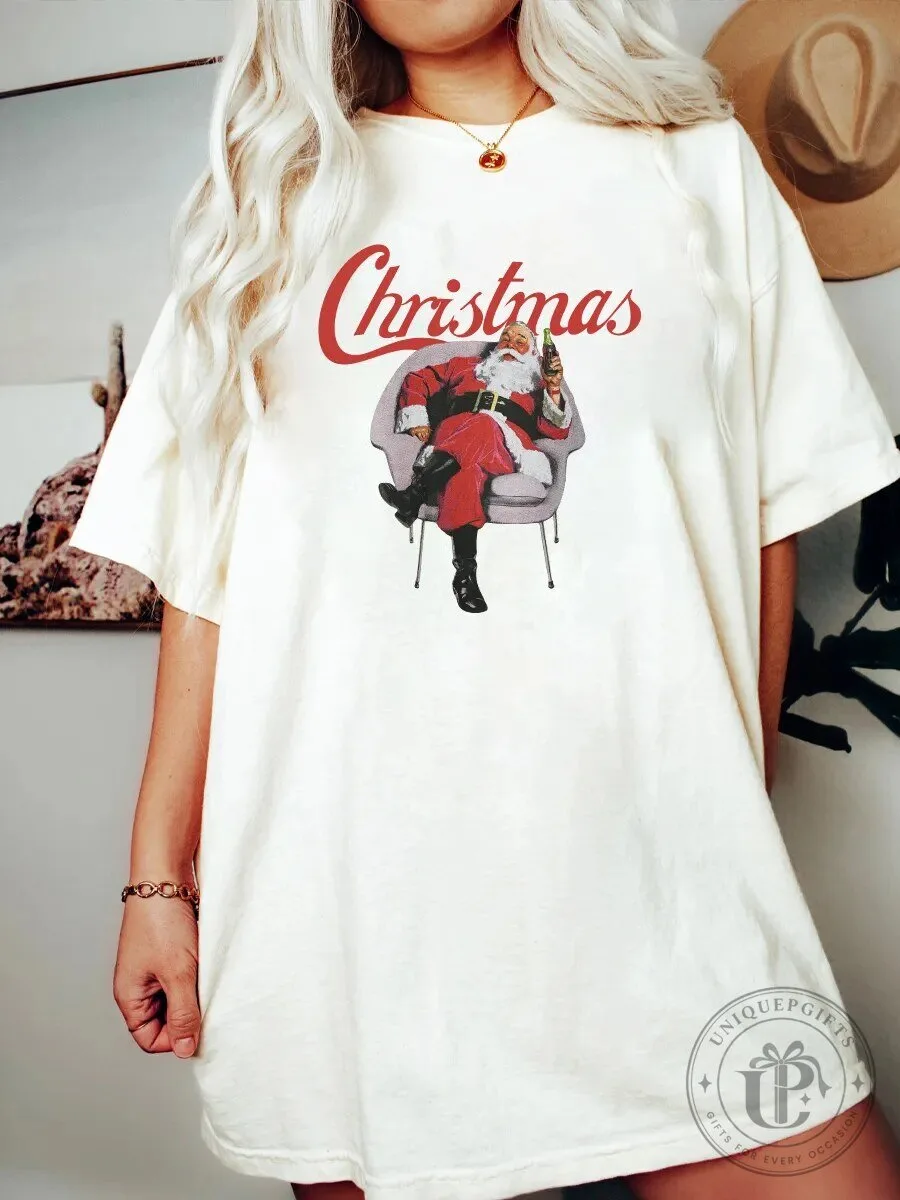 Vintage Christmas Santa Claus Drinking Coca-Cola Holiday Graphic T-Shirt