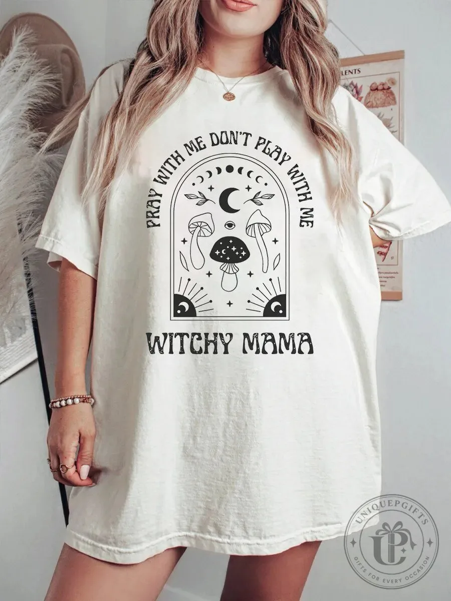 Witchy Mama Mushroom Moon Phase Mystical Graphic Oversized T-Shirt