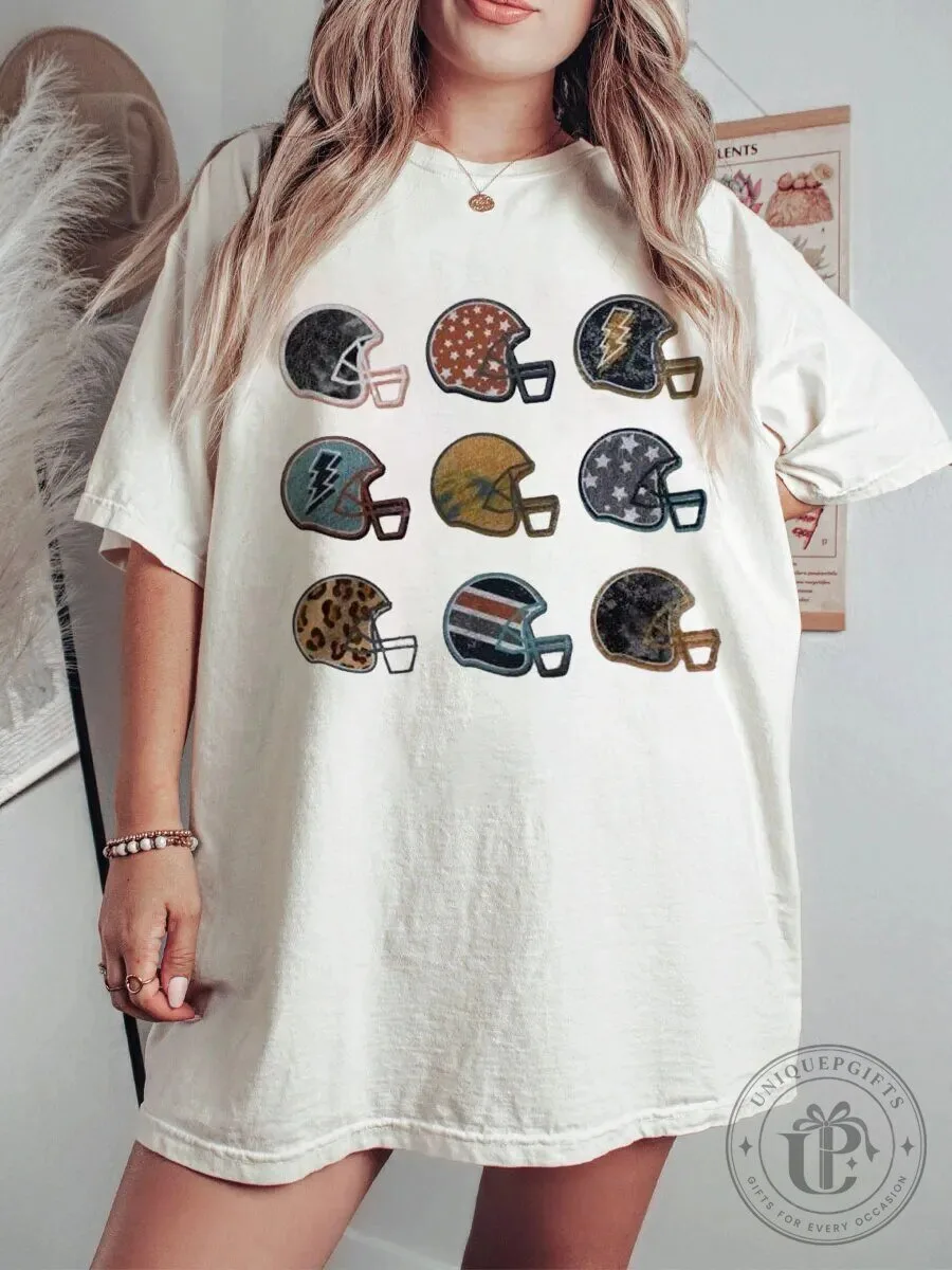 Vintage Football Helmet Collection Game Day Graphic Oversized T-Shirt