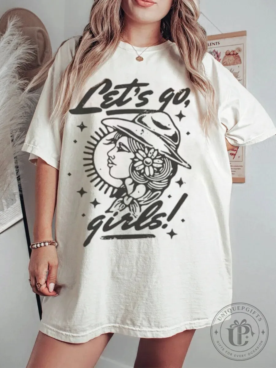 Vintage Let's Go Girls Western Cowgirl Sun Moon Stars Graphic T-Shirt
