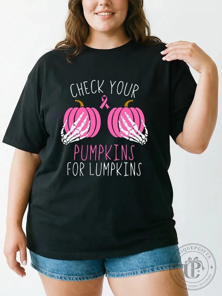Breast Cancer Awareness Check Your Pumpkins For Lumpkins Halloween T-Shirt
