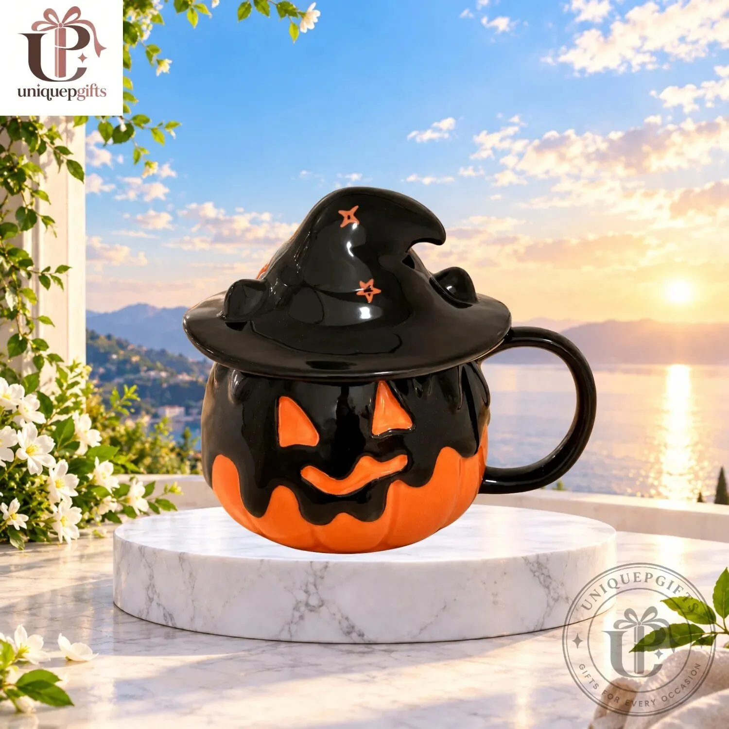 Halloween Pumpkin Witch Hat Ceramic Coffee Mug With Lid