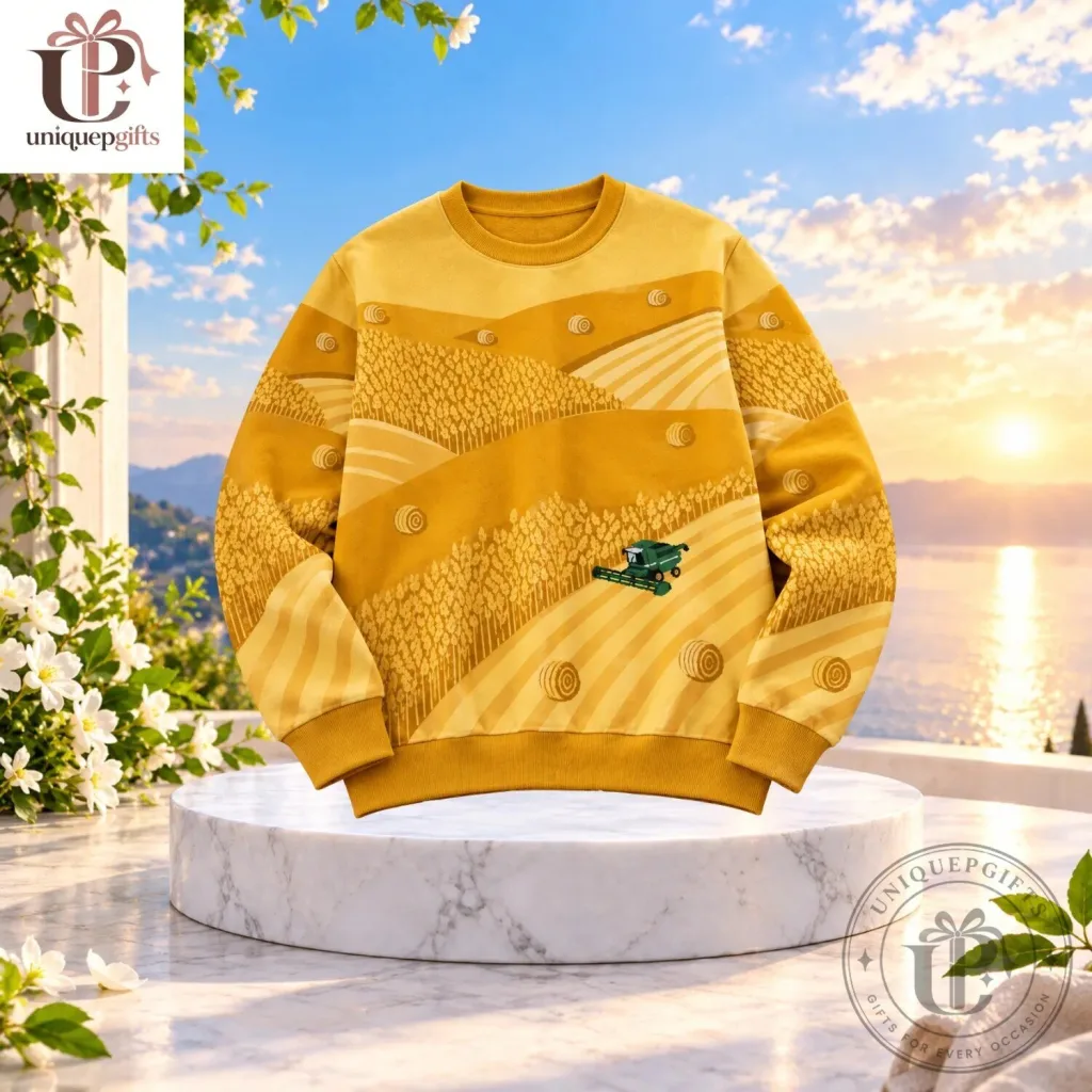 Combine Harvester On Wheat Field Yellow Autumn Graphic Sweatshirt Combine Harvester On Wheat Field Yellow Autumn Graphic Sweatshirt