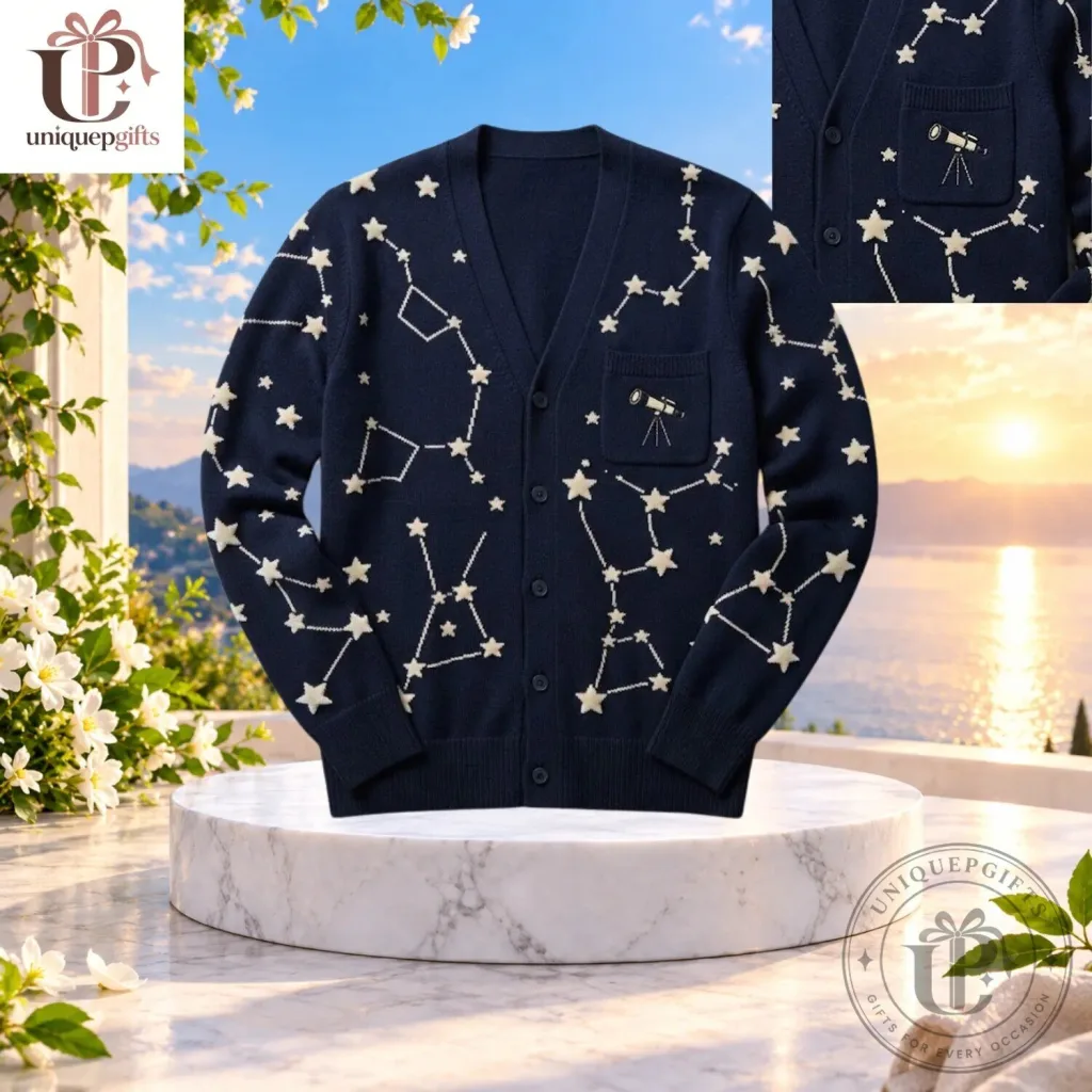 "Explore the Stars: Navy Cardigan with Telescope Pocket Design" 17 Celestial Constellation Navy Blue Cardigan with Telescope Printed Pocket